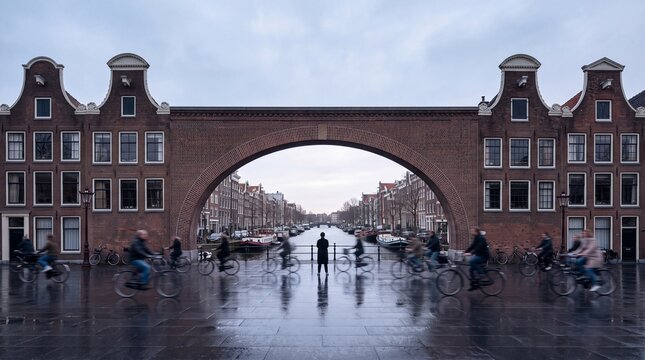 Bicycle Commuters Crossing Arch Bridge over Amsterdam Canal