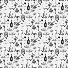 Obraz premium Hand-Drawn Seamless Pattern with Wine Bottles Glasses and Gourmet Food Doodles. Elegant Black and White Culinary Background for Restaurant Menu and Kitchen Textile Design.