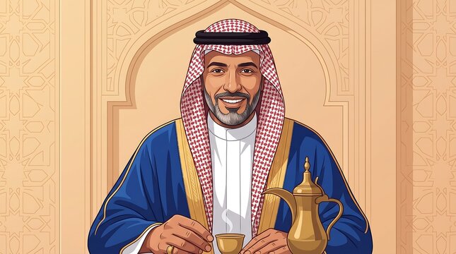 Smiling senior Arab man pouring traditional coffee from dallah