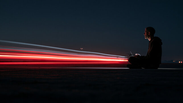 Man Sitting Beside Speeding Light Trails at Night