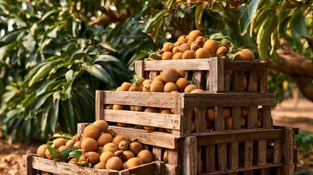 A premium agricultural composition featuring sapodilla fruit displayed in rustic wooden crates against a tropical orchard backdrop