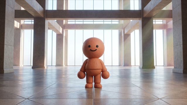 近代的な大空間ホールで正面を向いて直立するかわいいクレイキャラクターの3DCG