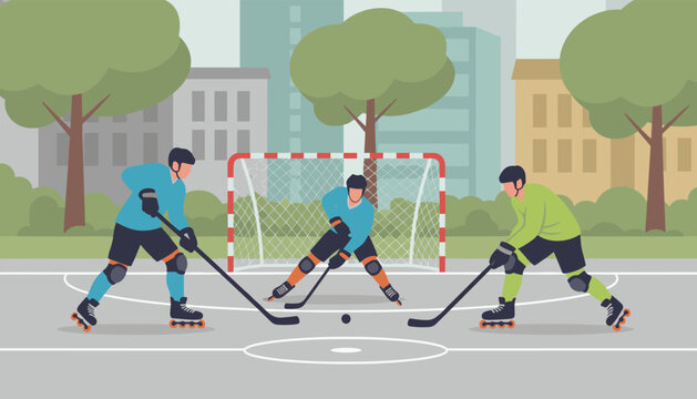 Roller hockey players active in a game with a goalie defending the net in an urban outdoor community sports park.