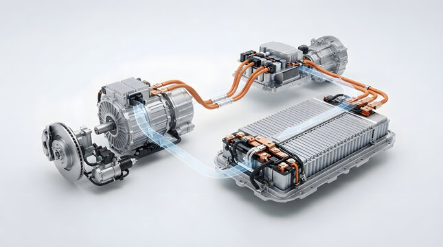 Electric vehicle powertrain system with battery pack, electric motors and drivetrain components connected in a detailed automotive 3D illustration