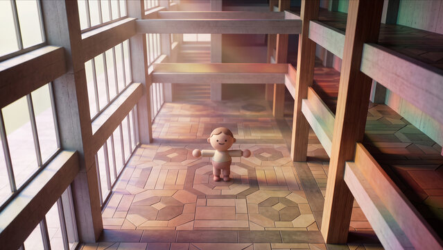 近代的な建築空間で両手を広げて直立するかわいいクレイキャラクターの3DCG