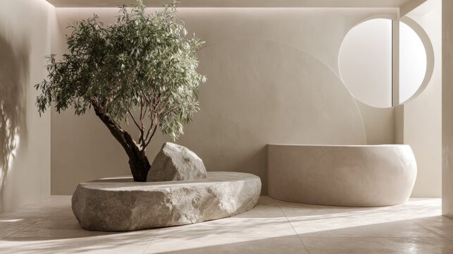Modern interior design with olive tree and stone bench