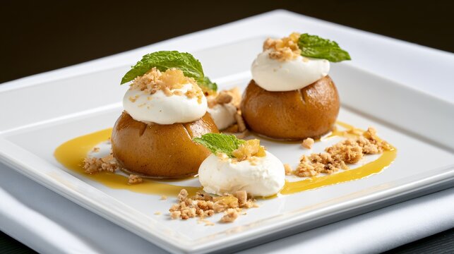 A sapodilla fruit dessert composition featuring sliced sapodilla fruit served with tropical cream and elegant hospitality presentation