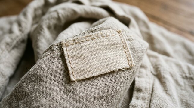 Blank Fabric Label Mockup Sewn on Beige Linen Fabric