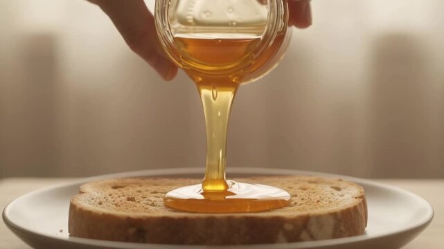 A close-up shot of a hand pouring golden honey from a glass dispenser onto a slice of toasted bread on a white plate.