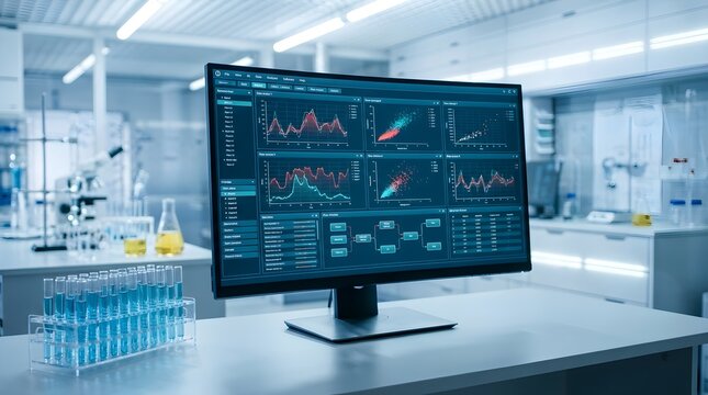 Computer monitor displaying scientific data and analytics dashboard in modern laboratory with test tubes.