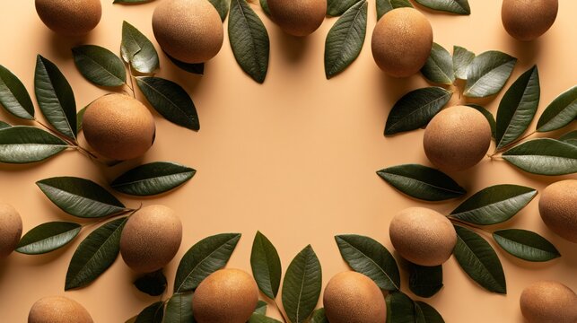 A warm tropical composition featuring sapodilla fruit radiating outward around an empty center designed for branding applications