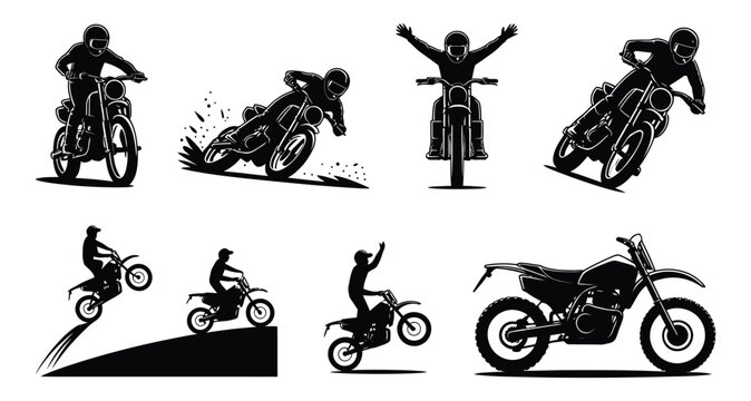 Motocross rider dirt bike vector silhouette icon set featuring extreme off road motorcycle stunt race rider isolated on white background for sports competition championship logo design