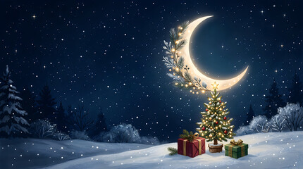 Obraz premium Beautiful crescent moon over snowy christmas forest with decorated tree and presents