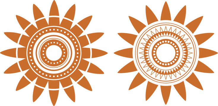 Australian aboriginal indigenous sun dot art style vector symbols set, tribal orange mandala elements
