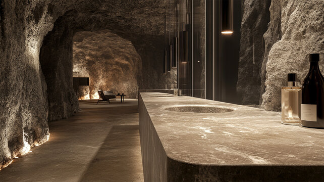 Brown Marble Vanity Countertop in Luxury Cave Spa Bathroom