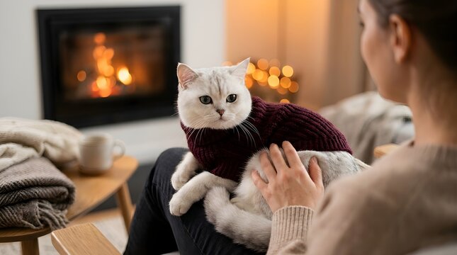 Adorable white cat wearing a cozy burgundy sweater sitting on owners lap in a warm living room with a glowing fireplace and bokeh lights during winter