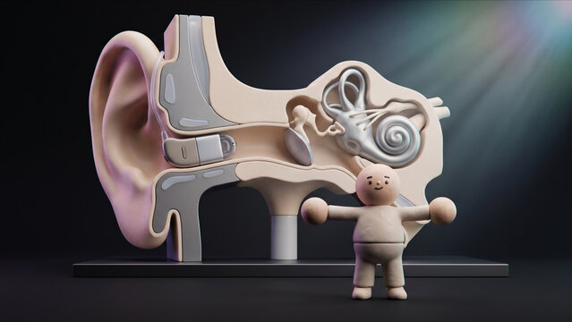 耳と補聴器の断面構造オブジェの前で両手を広げて直立するクレイキャラクターの3DCG