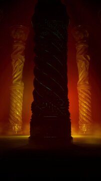 Dark Orange Amber Motion Background of Hovering King Skull Between Carved Gothic Columns