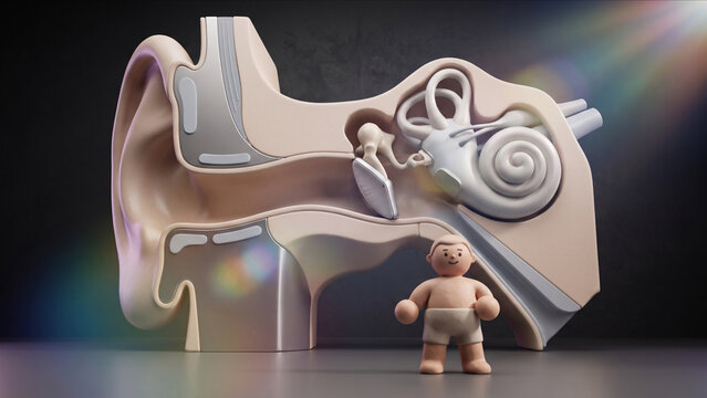 耳と補聴器の断面構造オブジェの前で両手を広げて直立するクレイキャラクターの3DCG
