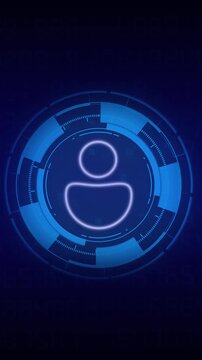 Person avatar user animation glows inside a blue futuristic HUD matrix Avatar user identity icon highlights corporate network communication User animation layout looks very neat and minimal