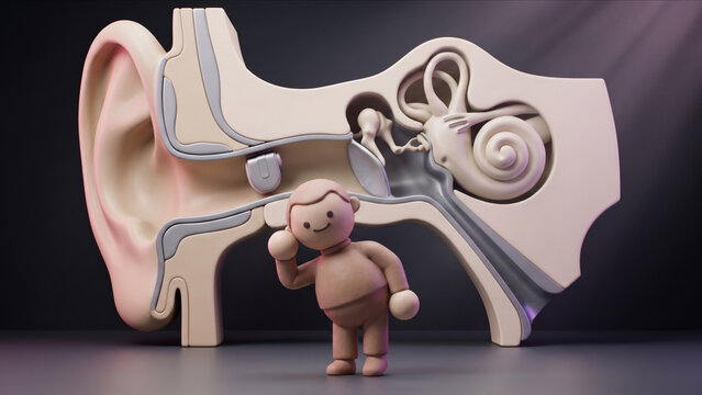 耳と補聴器の断面構造オブジェの前で頭に手を添え前傾するクレイキャラクターの3DCG
