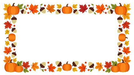 Fototapeta premium Rectangular fall border frame design with pumpkins, maple leaves, and acorns, perfect for autumn harvest season invitations and graphic elements