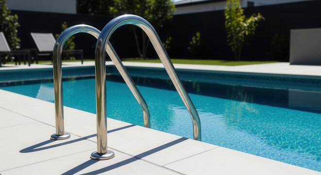 Luxury Swimming Pool With Stainless Steel Ladder and Sun Loungers