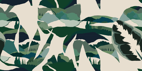 Abstract leaves silhouette, monochrome landscape pattern. Botanical contemporary seamless pattern. Hand drawn unique print. © MURRIRA