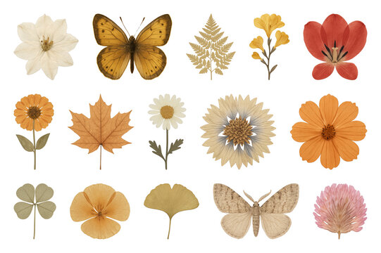 PNG Vintage botanical collage with flowers, butterfly, and leaves, transparent background