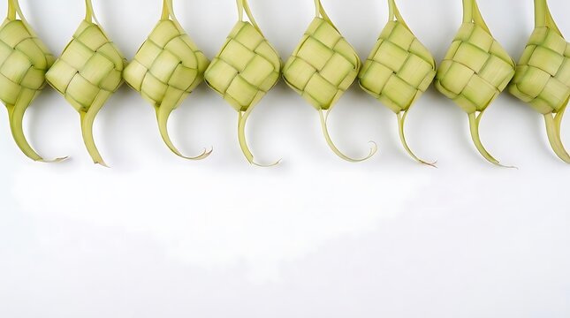 Row of green woven ketupat on white background.