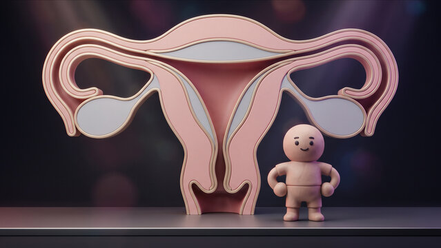 巨大な子宮の正面断面構造オブジェの前で正面を向いて直立するクレイキャラクターの3DCG