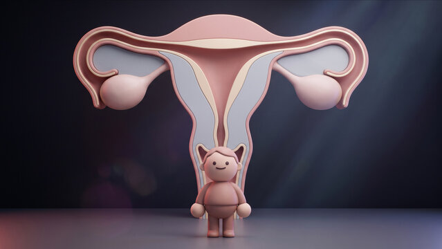 巨大な子宮の正面断面構造オブジェの前で正面を向いて直立するクレイキャラクターの3DCG