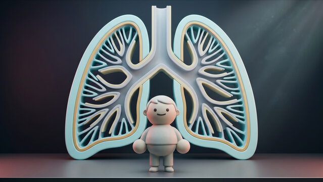 巨大な肺の正面断面構造オブジェの前で正面を向いて直立するクレイキャラクターの3DCG