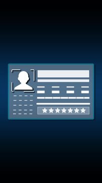 Identification data card animation displays electronic user ID layout Data card credential template features abstract high tech photo grids Card identification system looks modern