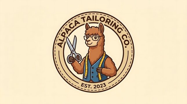 Vintage alpaca tailoring company logo with sewing tools.