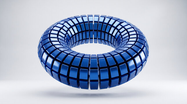 Abstract 3d torus shape constructed from glossy blue metallic cubes isolated on white background