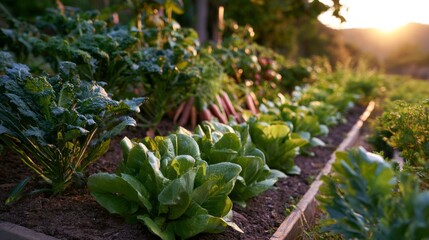 Fototapeta premium Colorful garden bed during sunset filled with fresh vegetables and thriving green plants