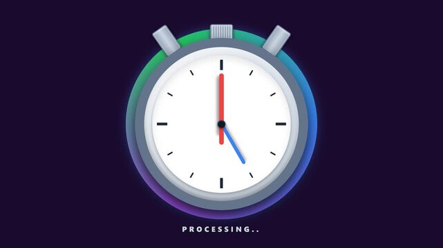Front-facing business stopwatch animation with a sweeping second hand and rotating progress ring.