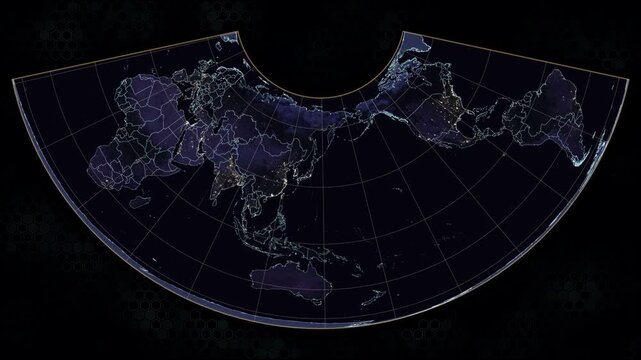 Conic Equal Area world map projection. Rotating Earth with glowing city lights at night. Amber latitude lines and cyan country borders. Dark hexagonal background. Seamless loop. 4K resolution.