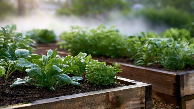 Vibrant vegetable garden filled with fresh dewy produce in elevated wooden beds illuminated by the soft glow of sunrise