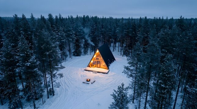 Cozy modern A-frame cabin glowing at night in a dense snowy pine forest with a warm interior light and small outdoor campfire in winter wilderness.