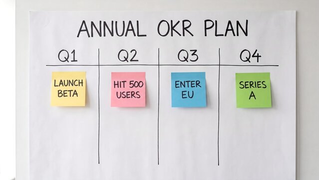 Annual OKR Plan Whiteboard. Quarterly Goal Board With Q1 To Q4 Sticky Note Milestone. Startup Business Strategy Roadmap Planning Concept