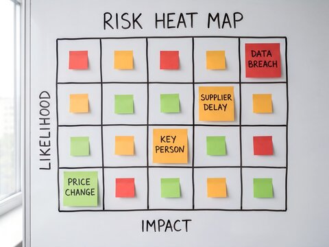 Risk Heat Map Whiteboard. Likelihood And Impact Grid With Red Amber Green Sticky Note Cell. Business Risk Assessment Management Board
