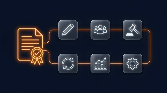 Business Policy Management and Compliance Workflow Neon Icons Concept