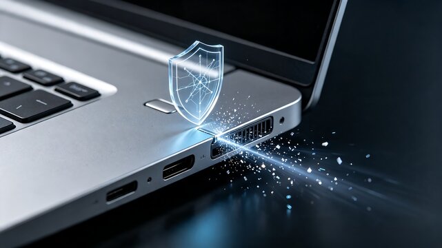 Laptop Hardware Cybersecurity and Data Protection Concept Showing 3D Glowing Shield Defending Computer Port from Cyber Attack, Malware, and Unauthorized Access