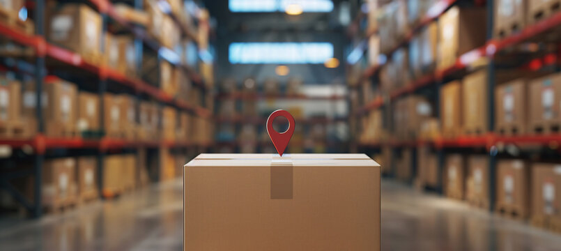 Red location pin marker on top of a cardboard box inside a large industrial warehouse filled with shelves and stored cargo packages for global supply chain logistics and fulfillment operations efficie
