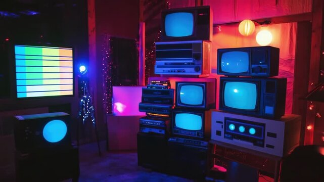 Retro tech room with neon lighting and vintage tv stacks in dark ambiance