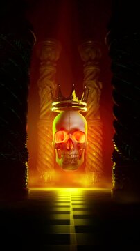 Dark Orange Amber Motion Background of Hovering King Skull Between Carved Gothic Columns