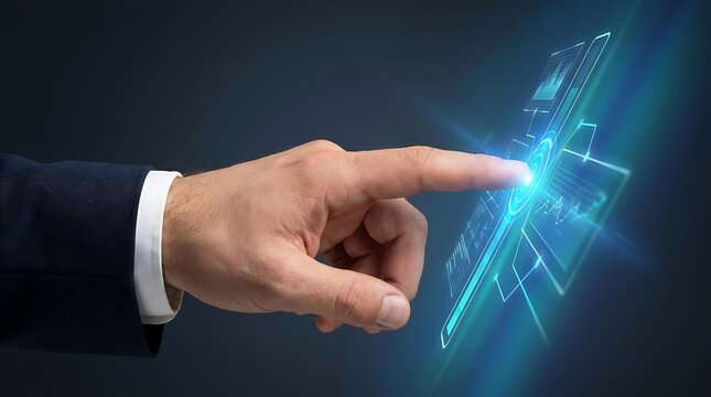 Businessman touching a futuristic holographic digital interface for data analysis and corporate management