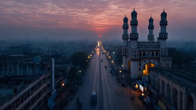 hyderabad charminar at golden sunset, india timelapse video